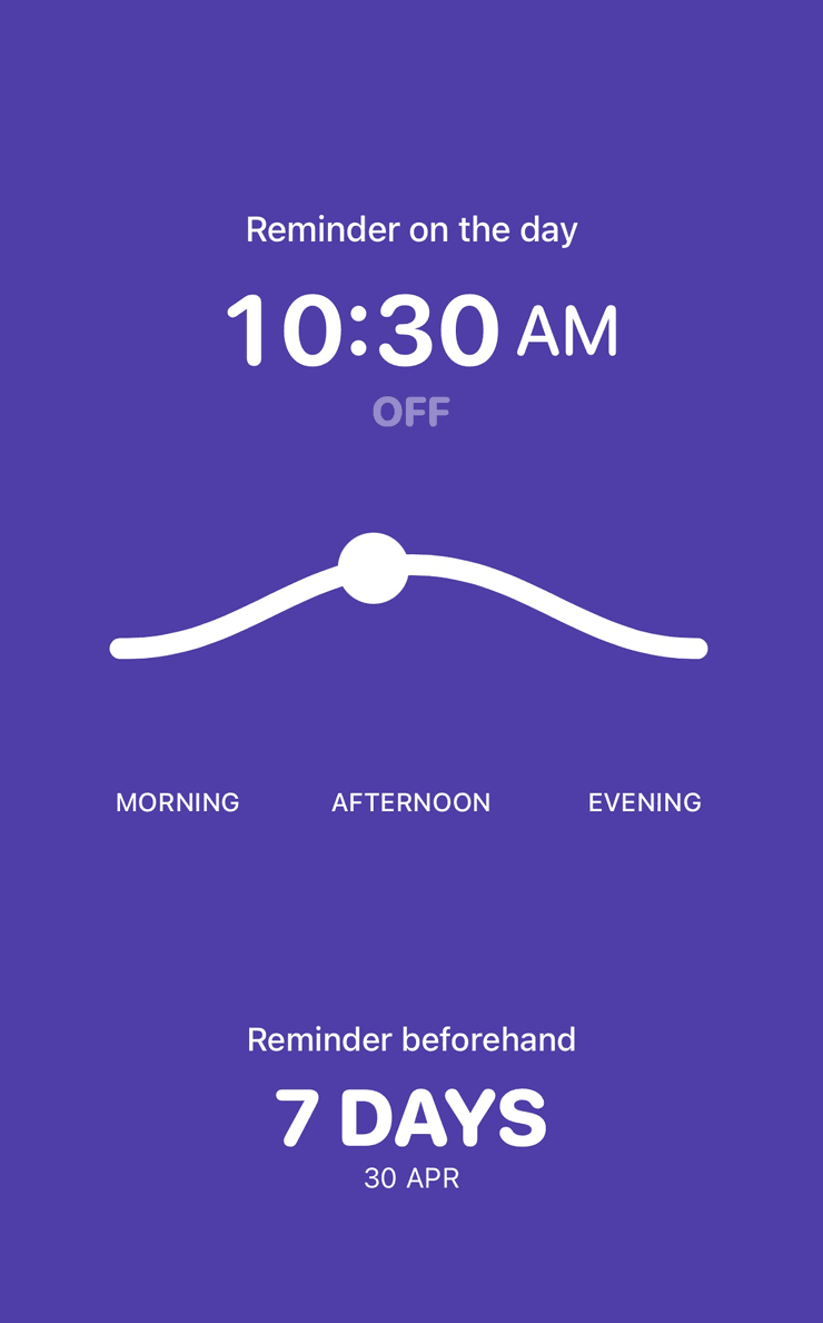 Screenshot of the reminders ui on an iPhone, showing a reminder on the day for 10:30 AM and a reminder beforehand set to 7 days