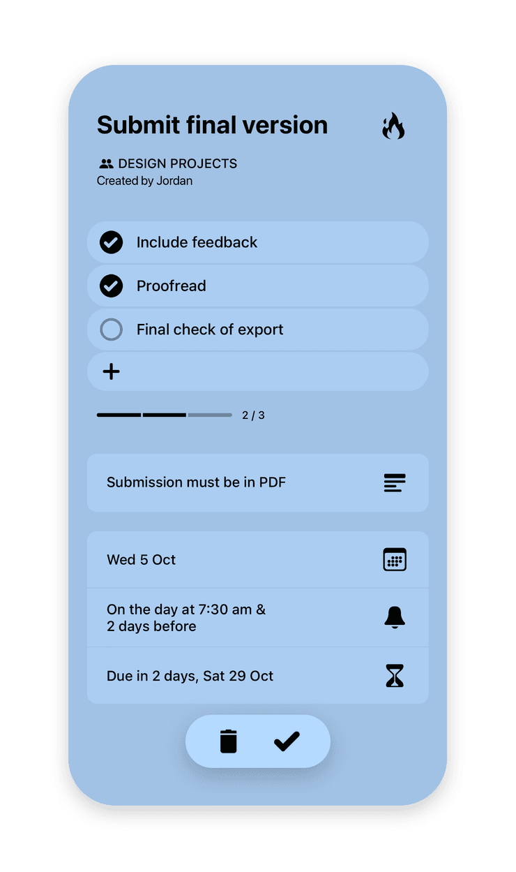 Screenshot from Actions, showing a light blue Action with title, checklists and more details below