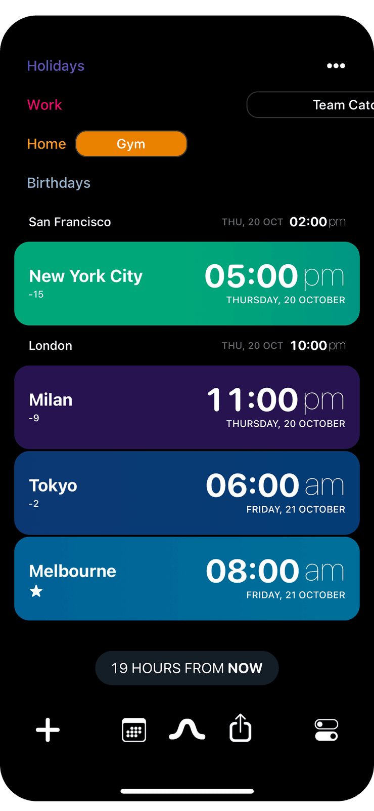 Overlap home screen, showing three colourful bubbles for three time zones